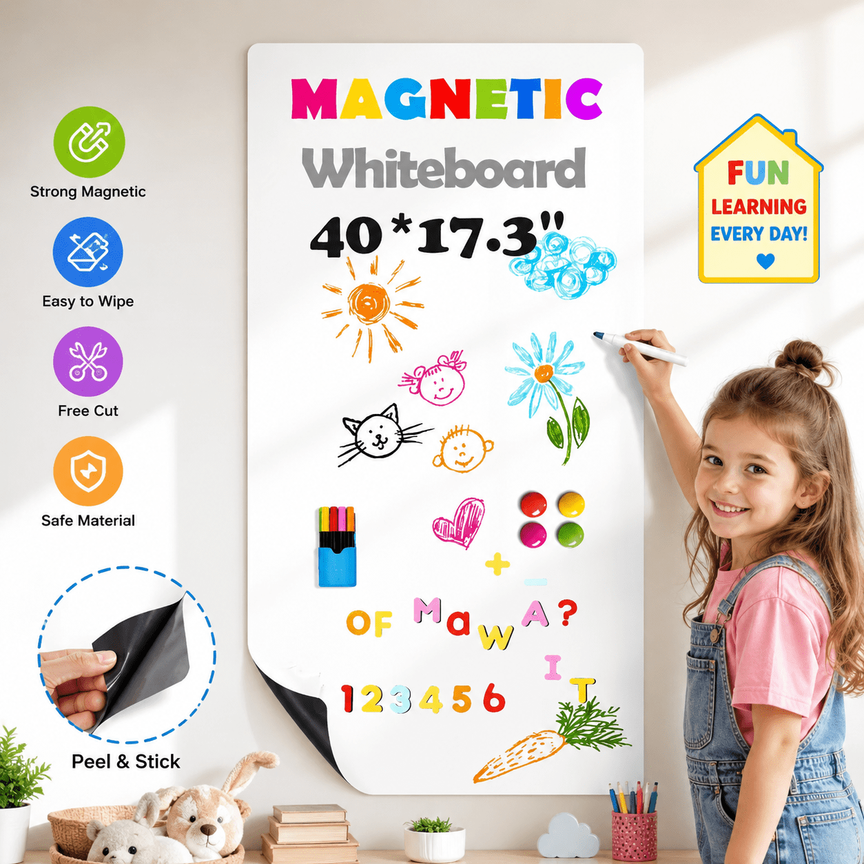 Magnetic Whiteboard Contact Paper 40" x 17.3" Adhesive Magnetic Dry Erase White Board Sticker for Wall, Peel and Stick Wallpaper, Easy to Write and Clean for Playroom Office