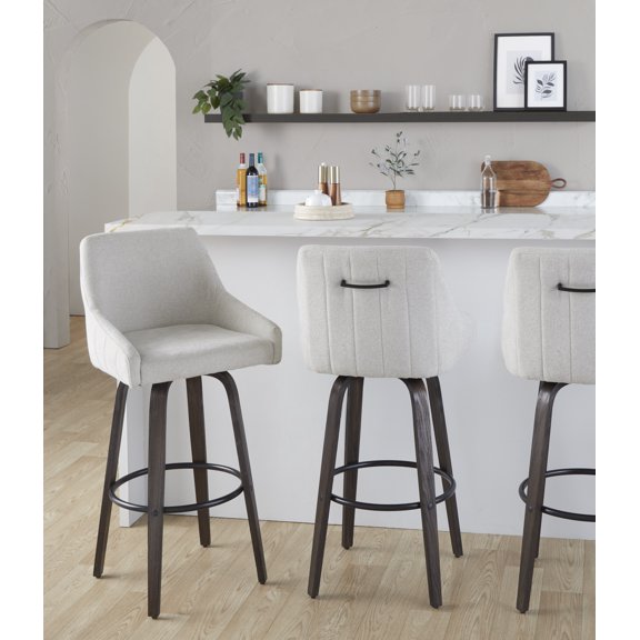 Hannah 30" Transitional Fixed-Height Barstool with Swivel in Walnut Glazed Wood and Cream Fabric with Round Black Metal Footrest by LumiSource - Set of 2