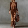 thumbnail image 5 of Bohemian Velvet Fringe Maxi Dress, Vintage V-Neck Long Sleeve Bodycon Dress for Country Outfits, 5 of 5