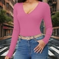 thumbnail image 3 of Otntypg Women Long Sleeve V Neck Shirts for Women Business Casual Work Top Knit Slim Fit for Fall Spring Lightweight Thin Basic Tees Blouse Pink L, 3 of 9