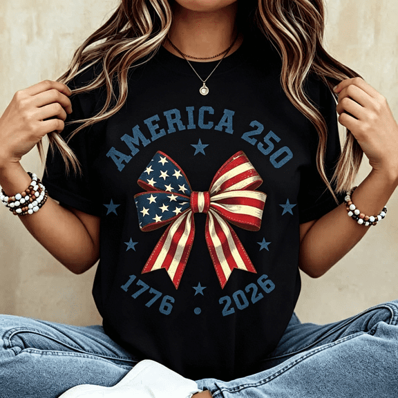 America 250 Stars And Stripes Bow Print T Shirt White Crew Neck Casual Top For Independence Day Celebration