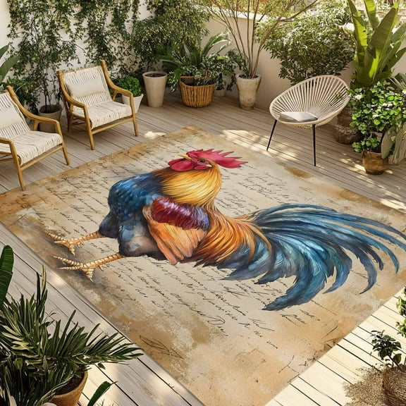 Fsddascl Retro Rooster Outdoor Rug for Patio/Deck/Porch, Non-Slip Large Area Rug 5 x 8 Ft, Farmhouse Vintage Country Animals Print Indoor Outdoor Rugs Washable Area Rugs, Camping Rug Carpet