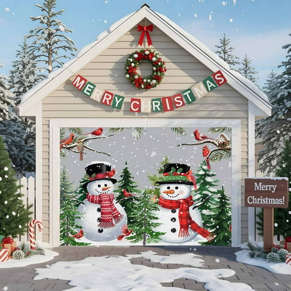 Fsddascl 7 x 8 Ft Christmas Garage Door Cover, Grey Snowman Christmas Large Garage Door Banner, Xmas Tree Birds Farmhouse Hanging Garage Mural Background for Indoor Outdoor Xmas Party Supplies