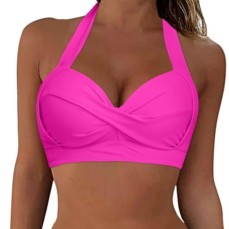 Aayomet Women Bikini Top Push Up Swim Top Halter Retro Bathing Suit Top Padded Swimsuit Top Only (Hot Pink  L)