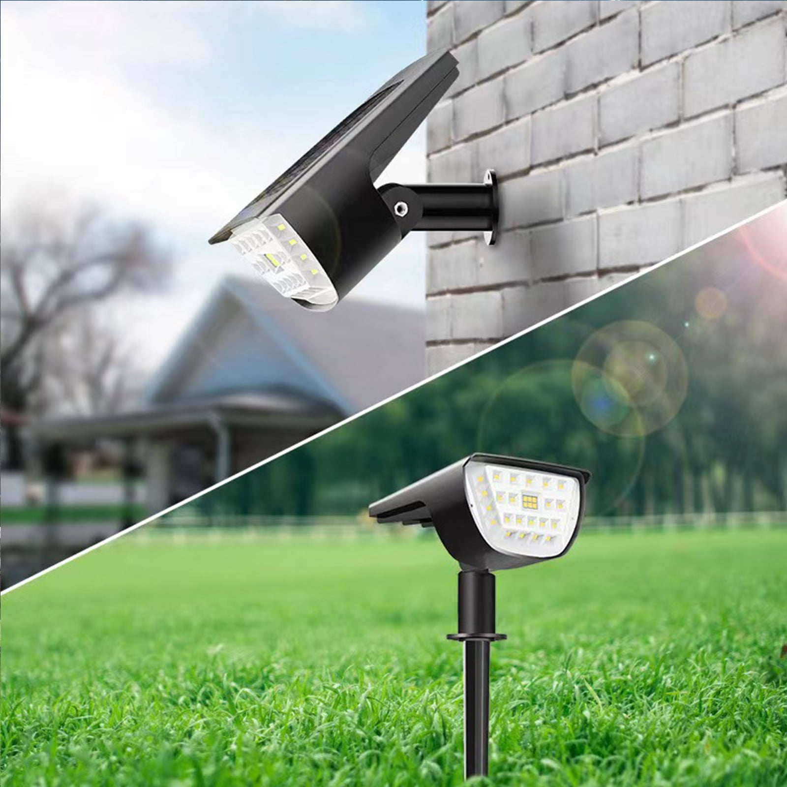 2 Pcs Solar Spot Lights Outdoor IP67 Waterproof, 3 Lighting Modes 32 LED Solar Powered Landscape Lights Wall Lights in One, Solar Garden Pathway Lights- White