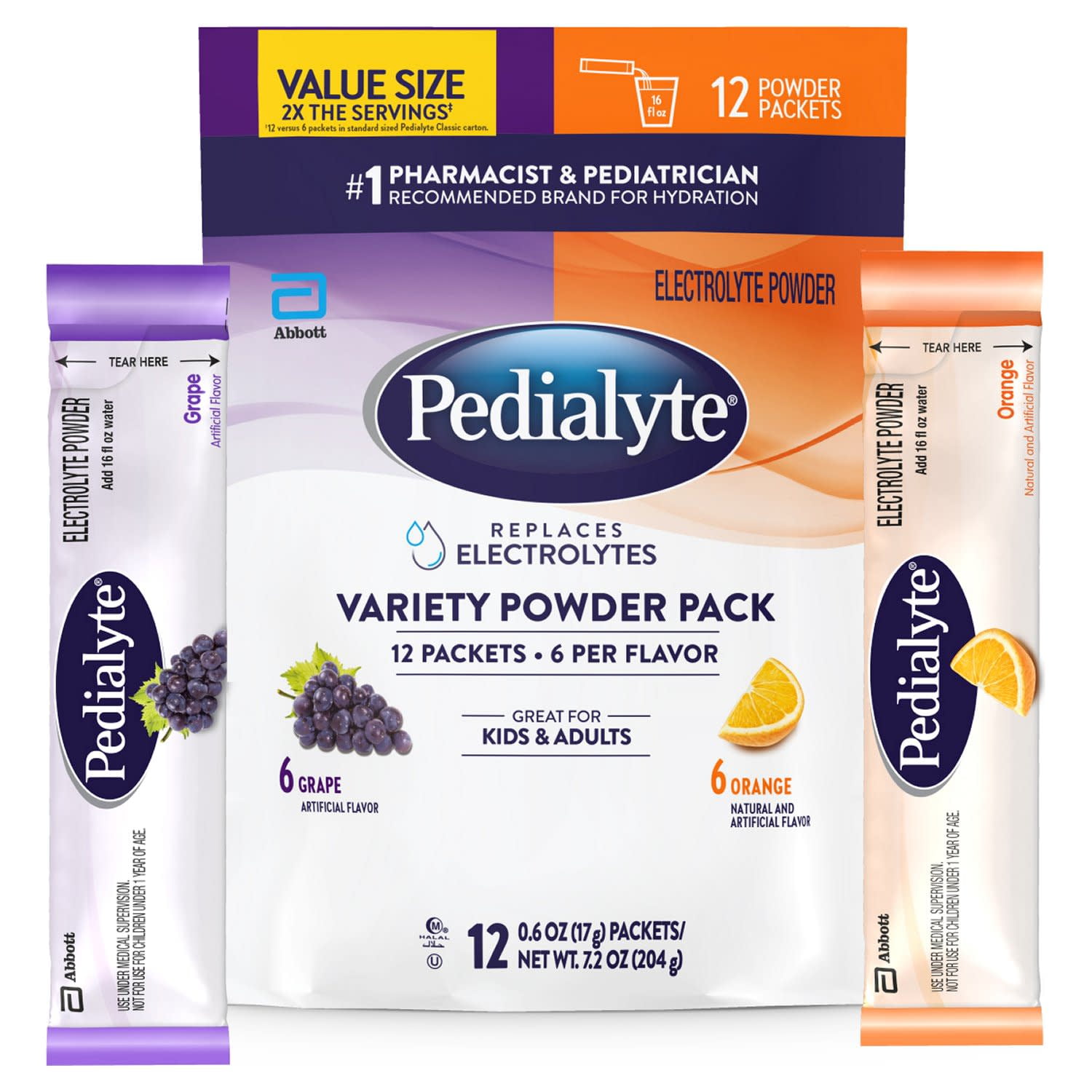 (3 pack) Pedialyte Electrolyte Powder, Variety Pouch: Grape and Orange, 12 Powder Packets