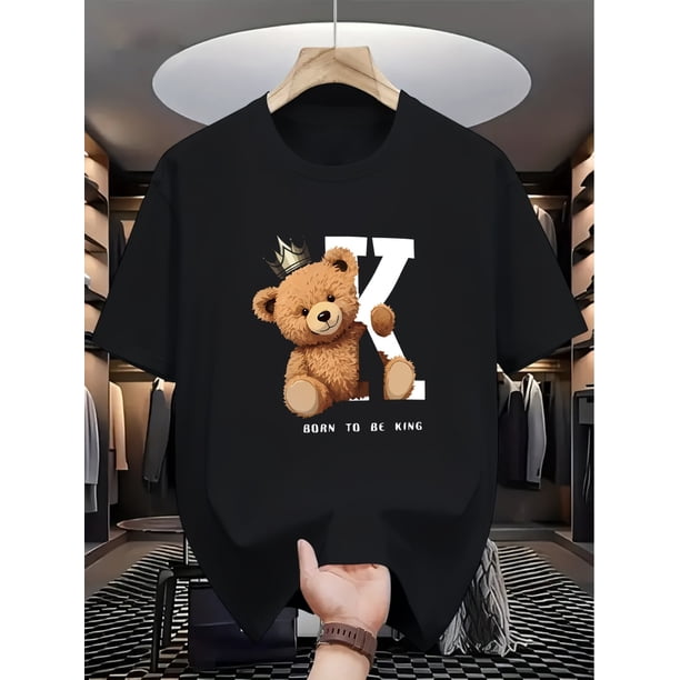 Men's Casual Crew Neck T-Shirt with "BORN TO BE KING" Graphic - Brown Bear Design, Soft Fabric, Summer Style, Regular Fit, Adult Size, Casual Wear | Playful Print | Comfortable Fit, REGULAR SIZE