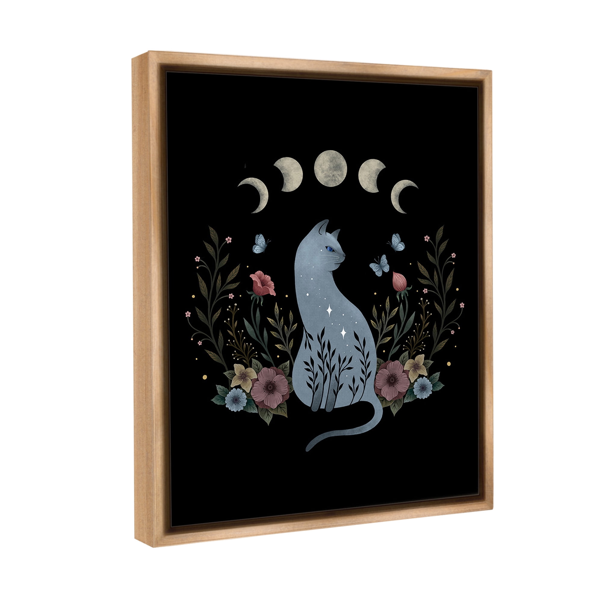 Stupell Industries Cat & Moon Phases Animals & Insects Painting Brown Floater Framed Canvas Art Print Wall Art, 17 x 21
