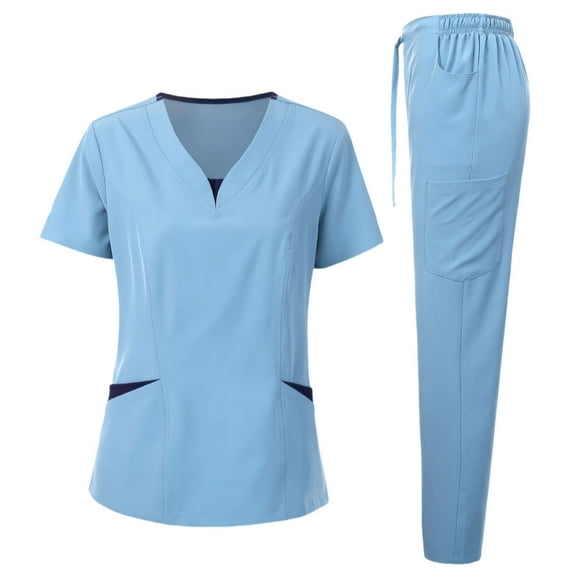 Delliss Women's Uniforms Scrub Set V Neck Comfy Two Piece Set Light Blue M