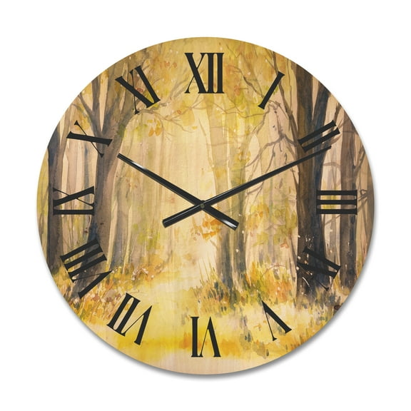 Designart 'Bright Sunshine Through The Yellow Forest Trees I' Traditional Wood Wall Clock