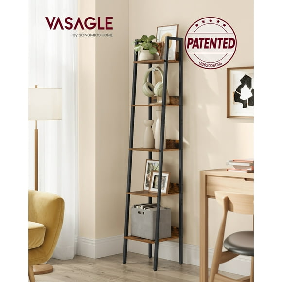 VASAGLE - Librero de 5 niveles, estante estrecho, 11.8 x 13.3 x 66.9 pulgadas, estante de escalera para oficina en casa, sala de estar, dormitorio, cocina, color marrón rústico y negro tinta