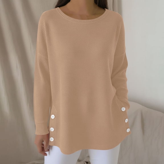 Womens Waffle Knit Top Cotton Blend Dressy Casual Side Buttons Curved Hem Tunic Blouse