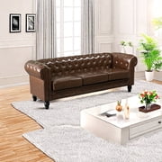 Chesterfield 3-Seater Faux Leather Button Tufted Sofa Couch with Rolled Arms Solid Wood Legs