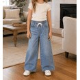 thumbnail image 3 of KIDSCOOL Girls Wide Leg Jeans 5-14T Elastic Drawstring Waist Denim Pants,Light Blue,7-8 Years, 3 of 8