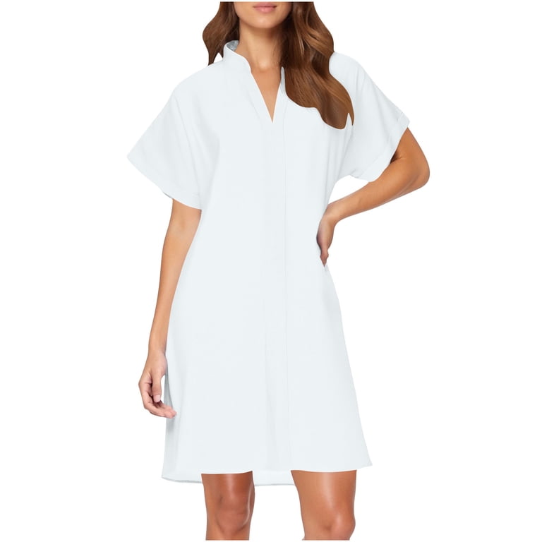 Antinious Ladies Summer Dress,Elegant Dresses for Women,Ladies Solid Short Sleeve V-Neck Light Mature Loose Dress,White,L, Women's, Size: Large