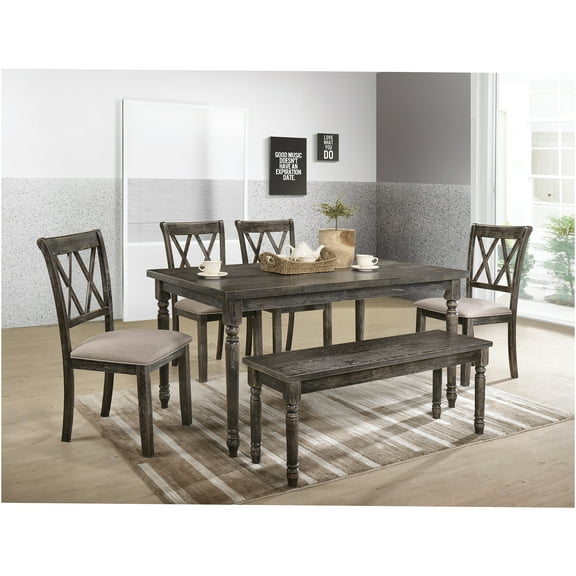 JERFIT 7-Piece Dining Set with Table and Chairs, Weathered Gray Synthetic Wood Kitchen Dining Room Table Set for 6, Modern Farmhouse Style