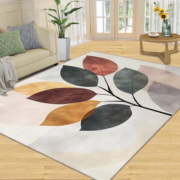 Nordic Rug, Washable Large Area Rugs, Watercolor Leaves Rug, Multicolor Rugs for Living Room Bedroom, Non-Slip & Low Pile, Indoor Carpet & Home Decor 4 x 5ft