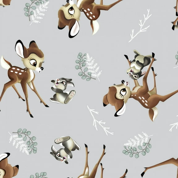 Disney Bambi & Thumper Toss Gray 100% Cotton Fabric Sold by The Yard