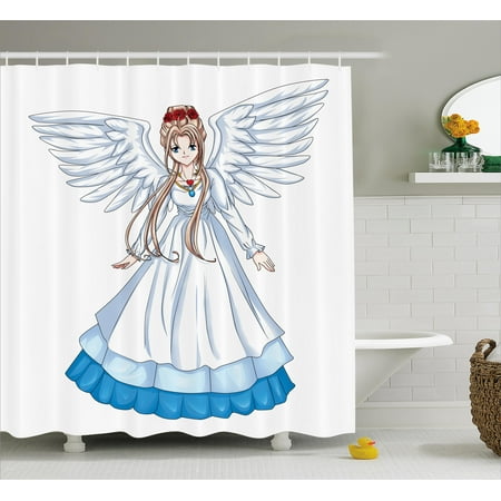 Anime Shower Curtain Cartoon Ilration Of Cute Angel Wings And Anime Shower Curtain Cartoon Ilration Of Cute Angel Wings And Flowers Fairytale Anese Manga Print