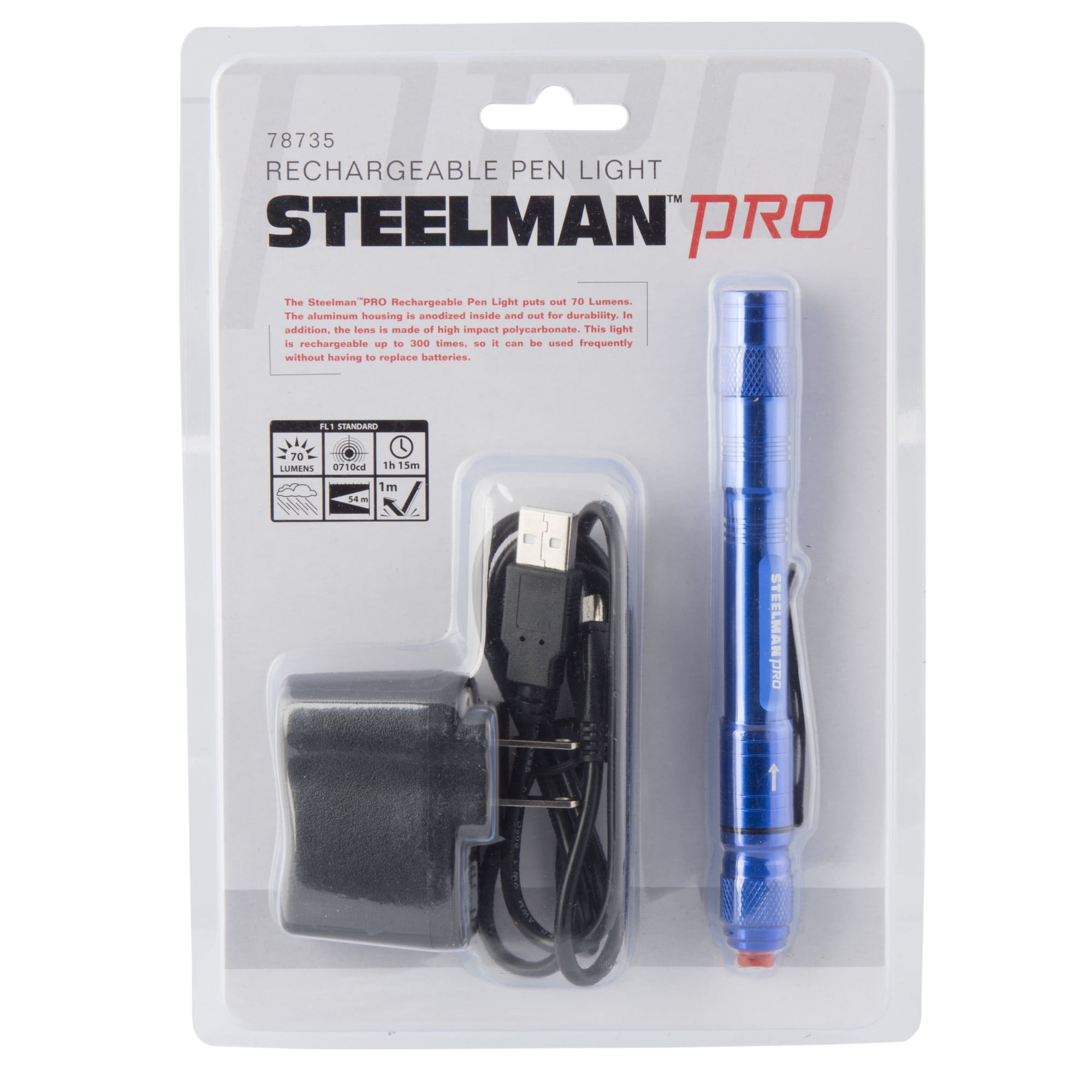 STEELMAN PRO 78735 USB Rechargeable LED Pen Light Blue Flashlight Hurricane 