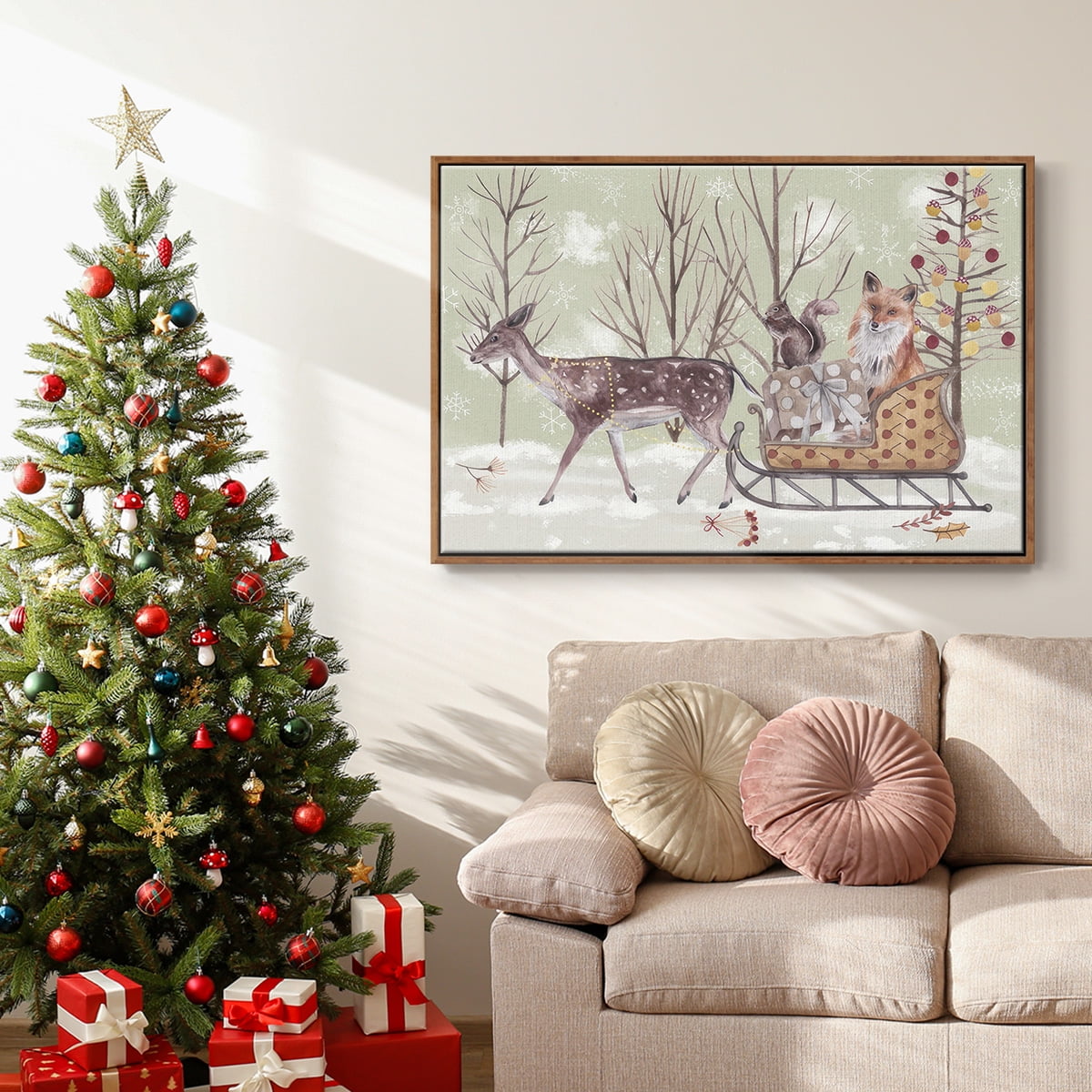 Christmas Time Collection A - Framed Gallery Wrapped Holiday Canvas - 25 x 37 - Rosewood Frame