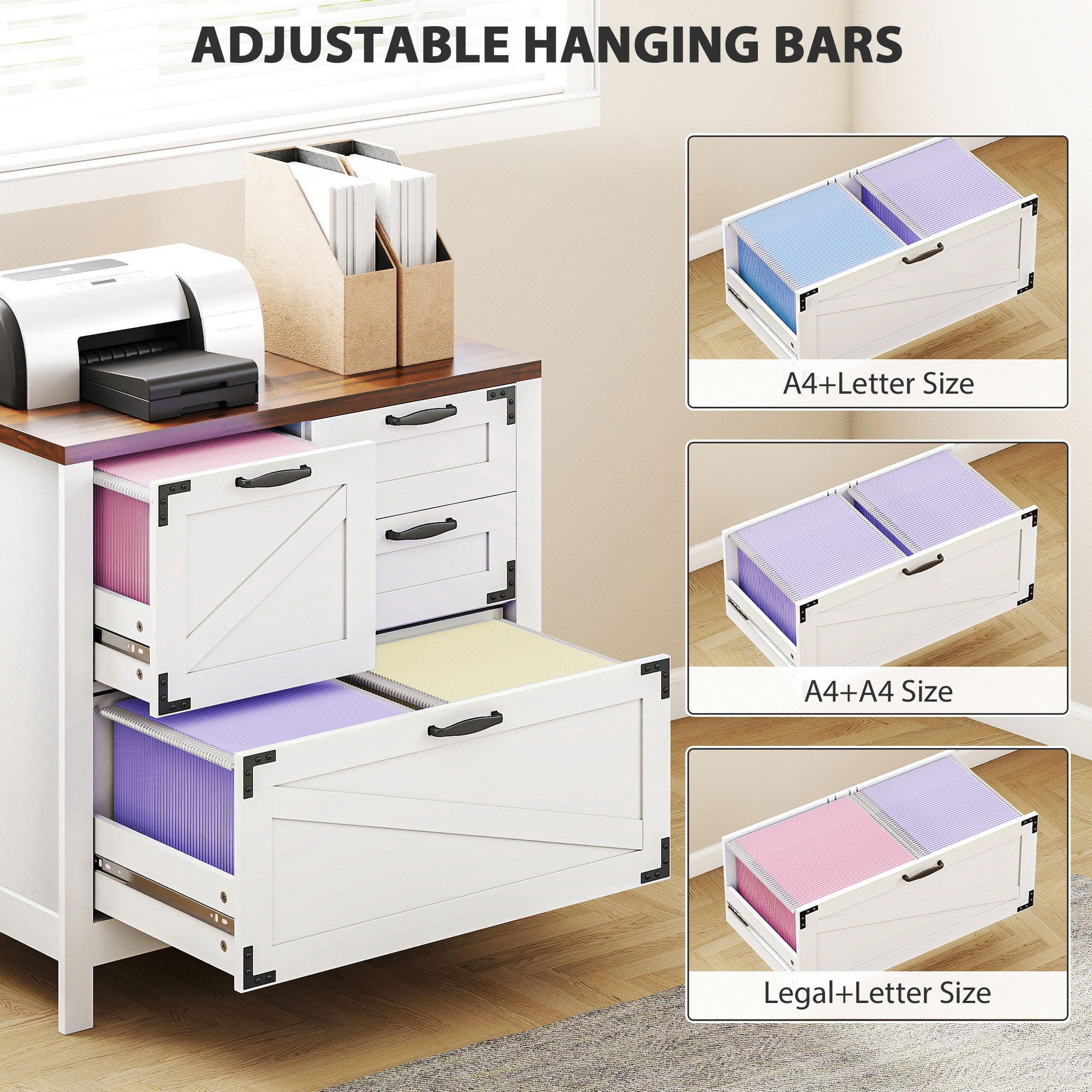 HOMCOM 4 Drawer File Cabinet, Farmhouse Lateral Filing Cabinet with Adjustable Hanging Rails for Letter/A4/Legal Size Files, Printer Stand, White