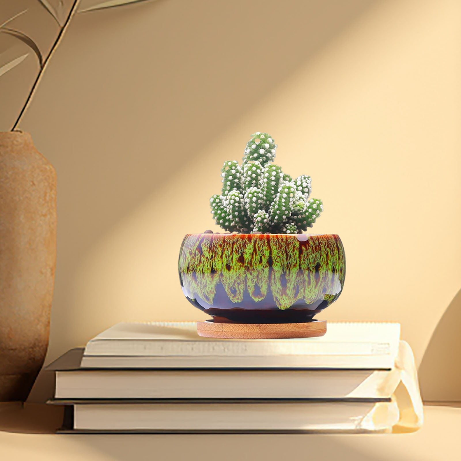Hot Sale! Glazed Ceramic Flower Pot (Green), Circular Glazed Ceramic Pottery Planter Set UniqueçªåColor Blend Succulent Garden Pot Display