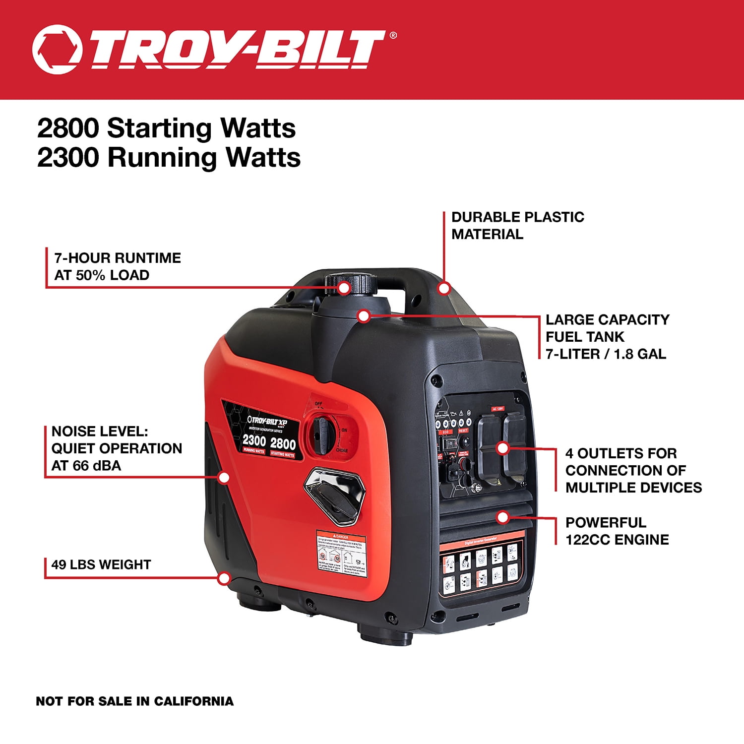 Troy-Bilt 2800W Quiet Portable Inverter Generator with Parallel Capability