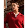 thumbnail image 5 of Womens Long Sleeve Quarter Zip Pullover Sweater Casual Loose V Neck Collared Ribbed Knit Jumper Tops Red M, 5 of 8