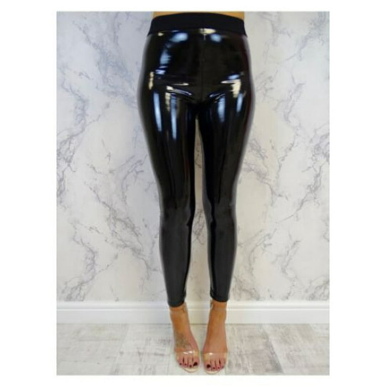 New Ladies Womens Shiny Leather Look Black Leggings Size 6- 8 Wet