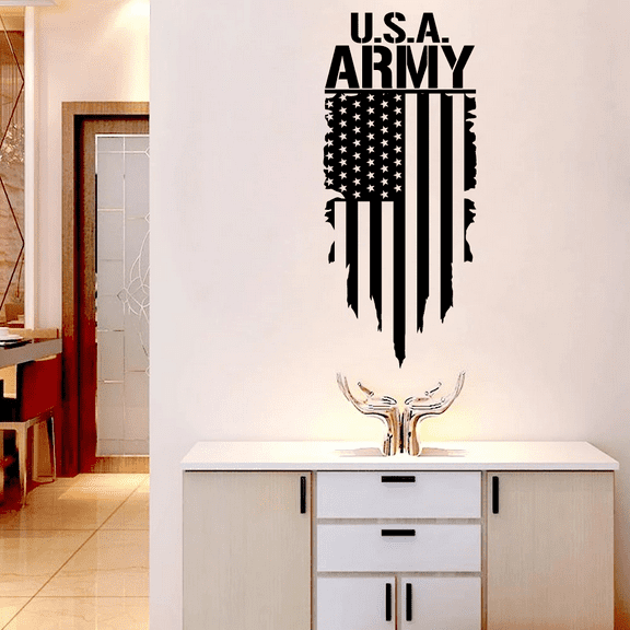 U.S.A. Army - American Flag American Soldier Military Troops Army Silhouette Vinyl Wall Art Sticker Wall Decal for Home House Room Bedroom Kids Room Play Area Wall Design Décor Size (20x14 inch)