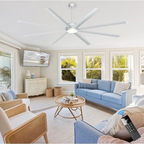 Ohniyou 84" Large Industrial Ceiling Fans with Light and Remote 8 Metal Blades Big Indoor Outdoor Ceiling Fans for Shop Patio Garage, Silver