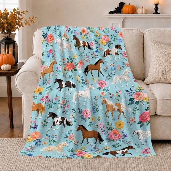 Whimsical Horse Floral Watercolor, Rustic Farmhouse Horse Scene, Warm Flannel Blanket for Ranch House and Living Room, Horse Lovers Housewarming Gift, Rustic Home Decor