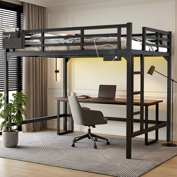 Miniyam Full Metal Loft Bed with LED and Charging Station for Adults in Apartments, Black