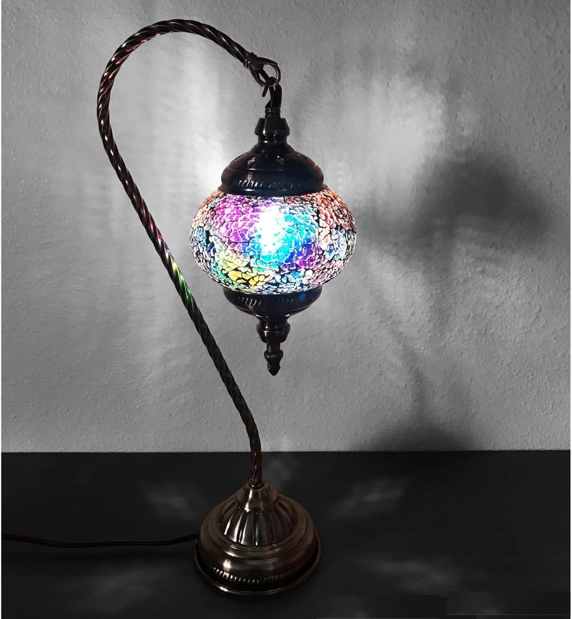 SILVERFEVER Mosaic Turkish Lamp Moroccan Glass Swan Neck Lantern for Table  Desk Bedside Bronze Base Bundle with E12 Light Bulb Moonlight Star 