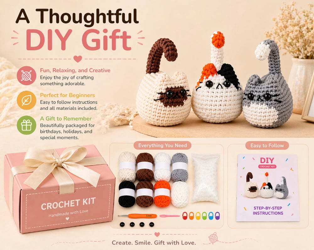 3 Pack Cat Crochet Kit for Beginners, Cat Amigurumi Starter Set with Step by Step Video Tutorials, TIKA