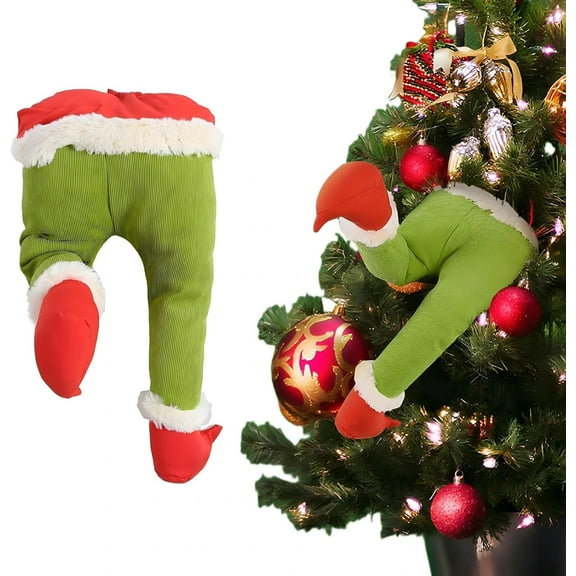 Green Elf Legs Stuck in Tree Topper for Christmas Decorations, Poseable Stuffed Leg with Fixed Wire Ornament for Indoor Outdoor Wreath Party Decor