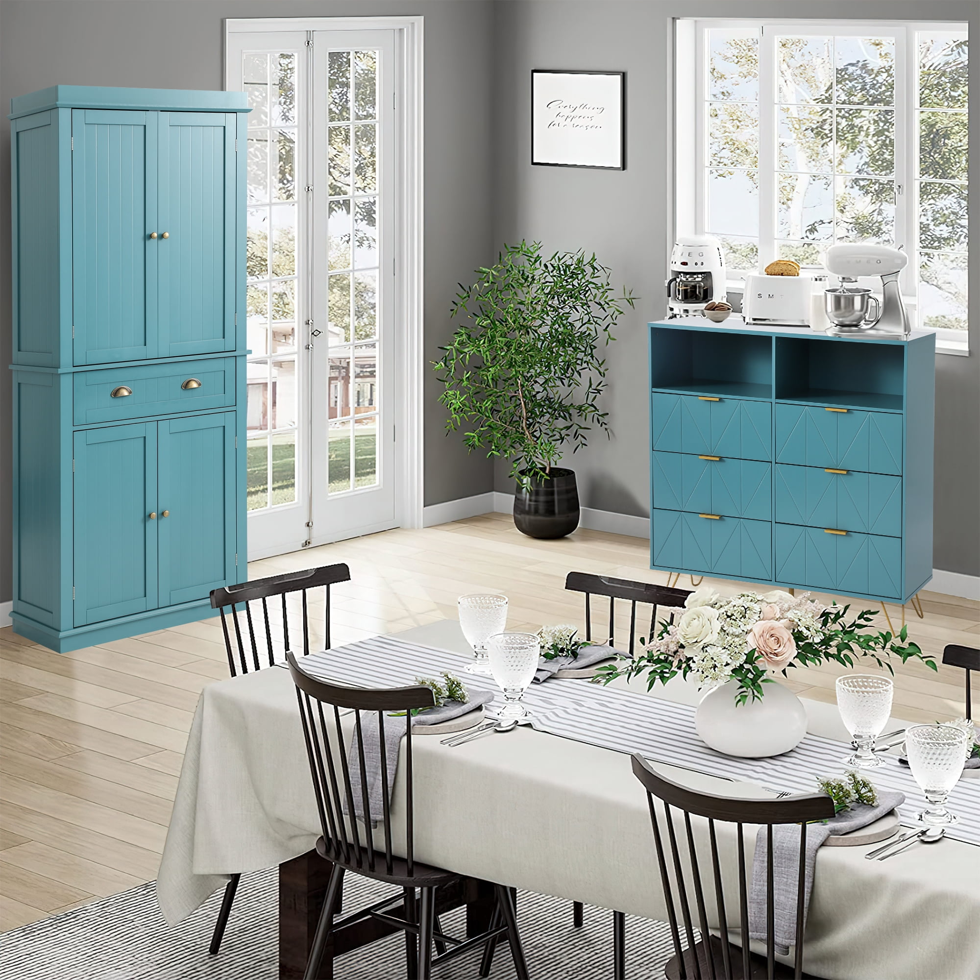 KIGOTY Blue Kitchen Pantry Cabinet Freestanding Cupboard with 2 Cabinets, Drawer and Adjustable Shelves for Kitchen ,Dinging Room