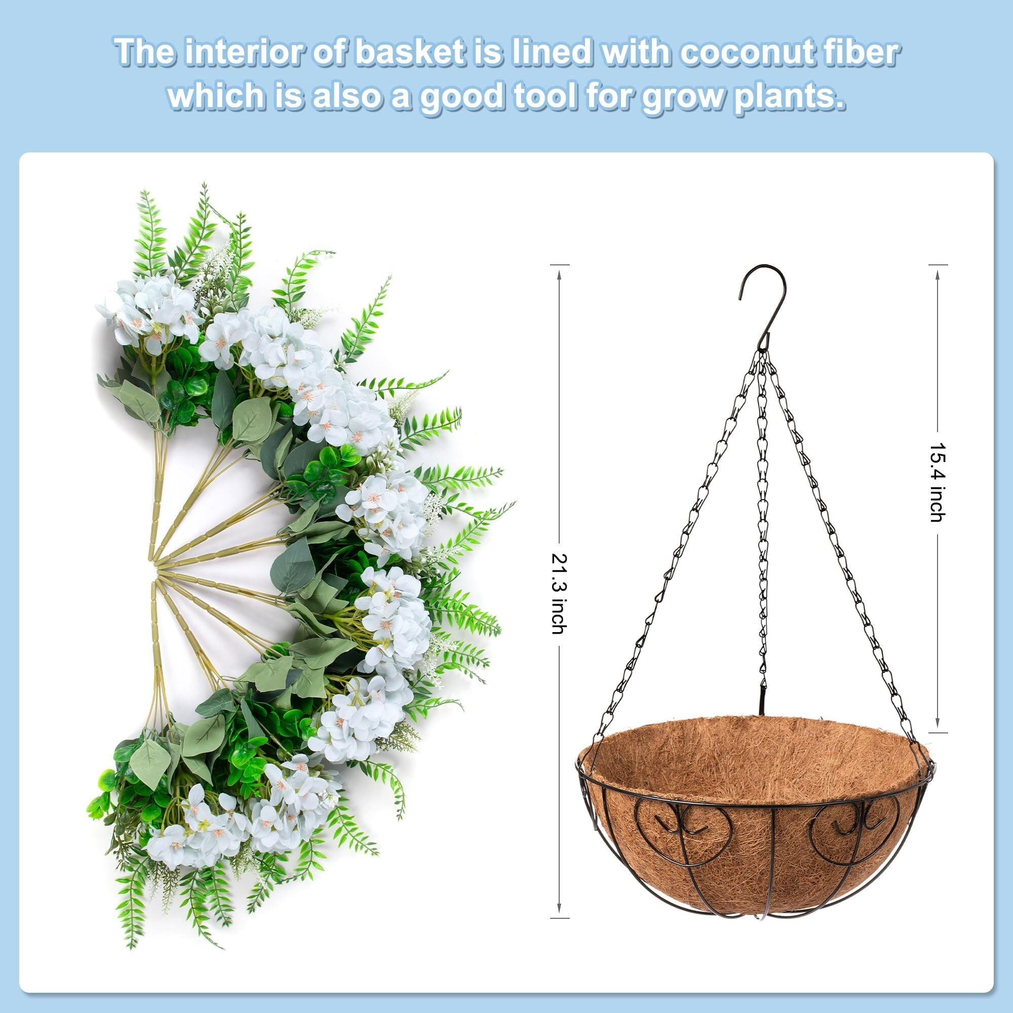 Artificial Flowers in Hanging Basket Planter for Home Spring Summer Decoration, Silk Hydrangea Outdoor Indoor Arrangements, 12" Metal Coconut Lining Basket with Faux Plant(Pink)
