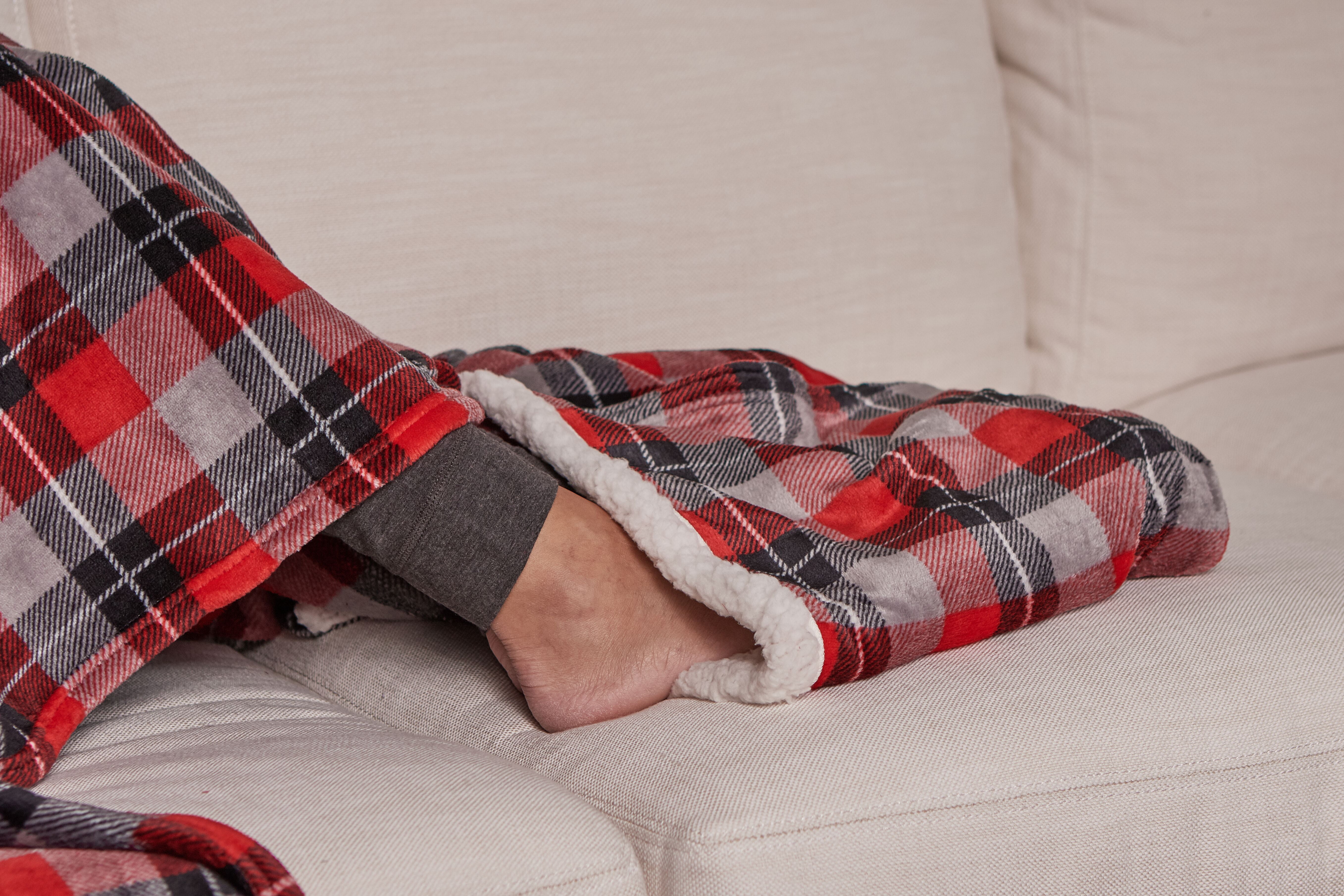 Cuddl Duds Oversized Throw Blanket with a Sherpa Foot Pocket, 50" x 70", Gray and Red Plaid