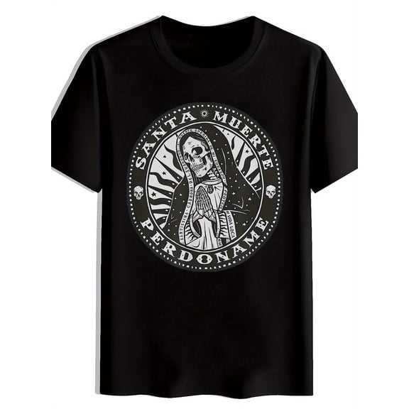 Men'S Santa Muerte Day of the Dead Skull Veil Graphic T-Shirt - Mexican Gothic Tee with Spanish Text, Black & White Print, Regular Fit Streetwear Shirt for Dia de los Muertos, Hall