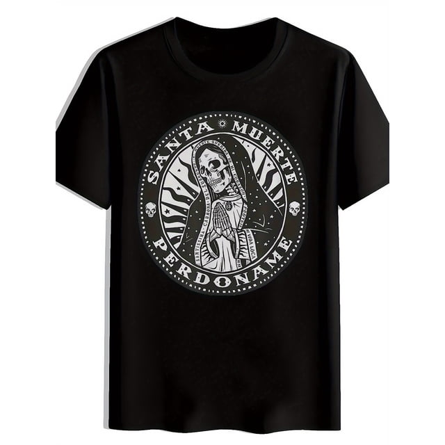 Men'S Santa Muerte Day of the Dead Skull Veil Graphic T-Shirt - Mexican Gothic Tee with Spanish Text, Black & White Print, Regular Fit Streetwear Shirt for Dia de los Muertos, Hall