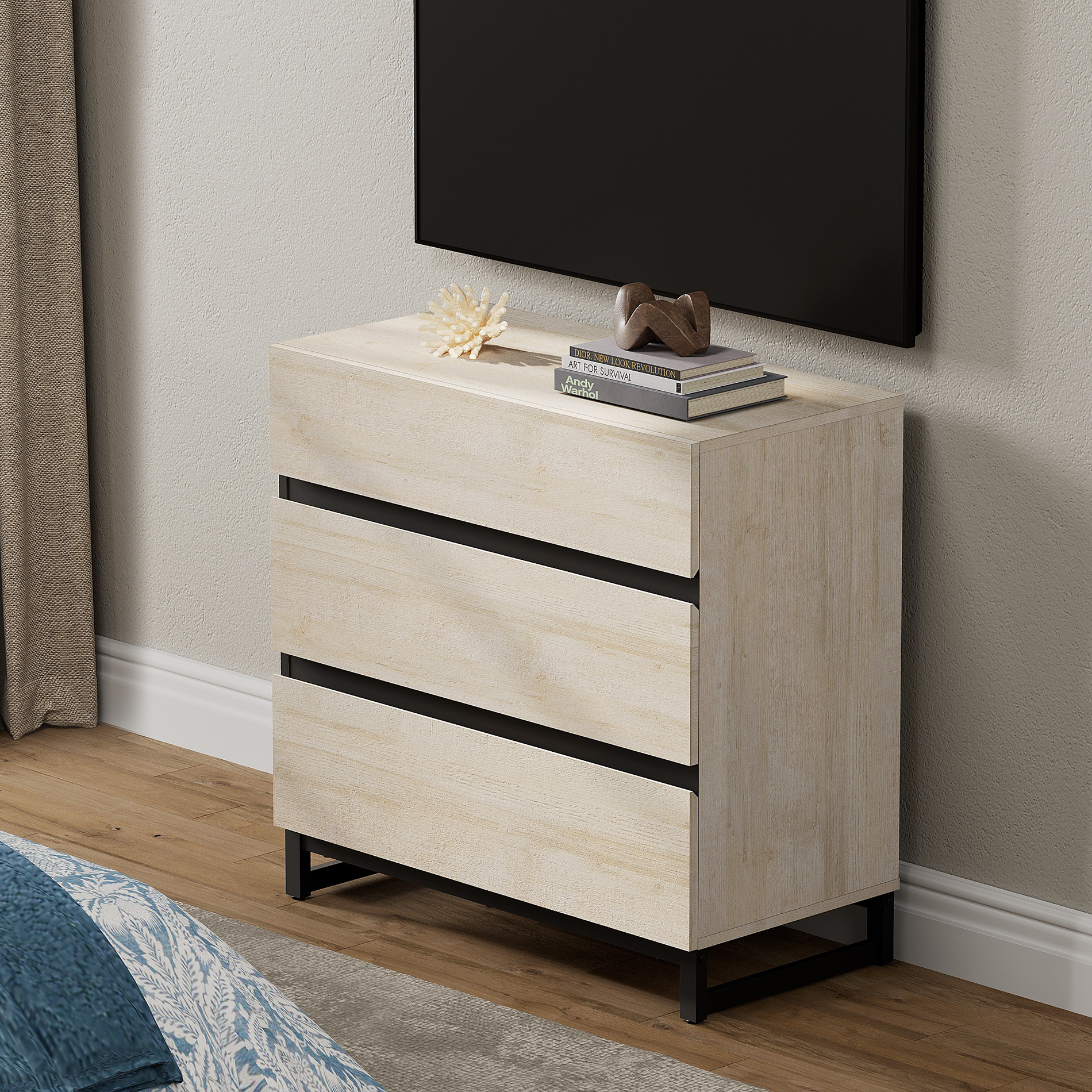 WAMPAT Modern TV Stand Fits up to 40" TV, Entertainment Center with 3 Drawers and Sturdy Metal Base, Media Console for Living Room & Bedroom, Beige