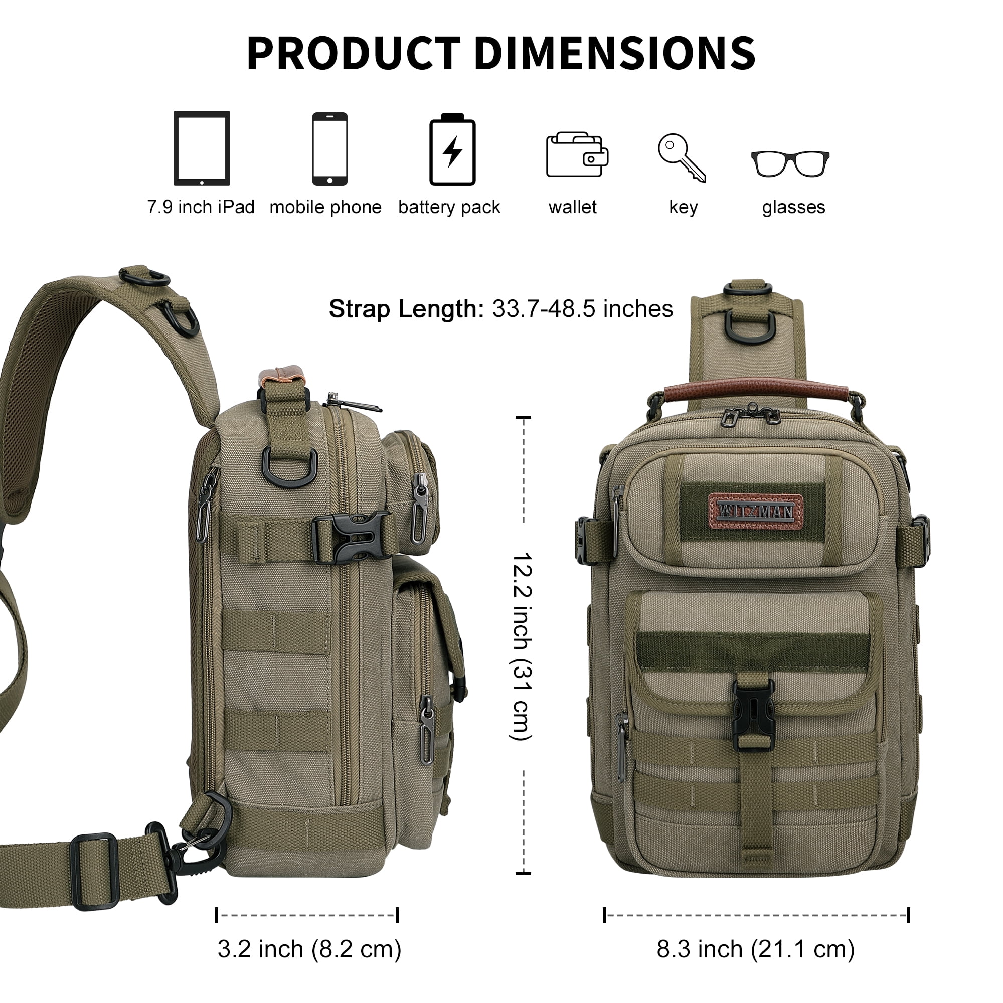 WITZMAN Sling Bag for Men Canvas Casual Chest Bag with USB Charging Port for Travel Daily Work(A8021 Army Green)