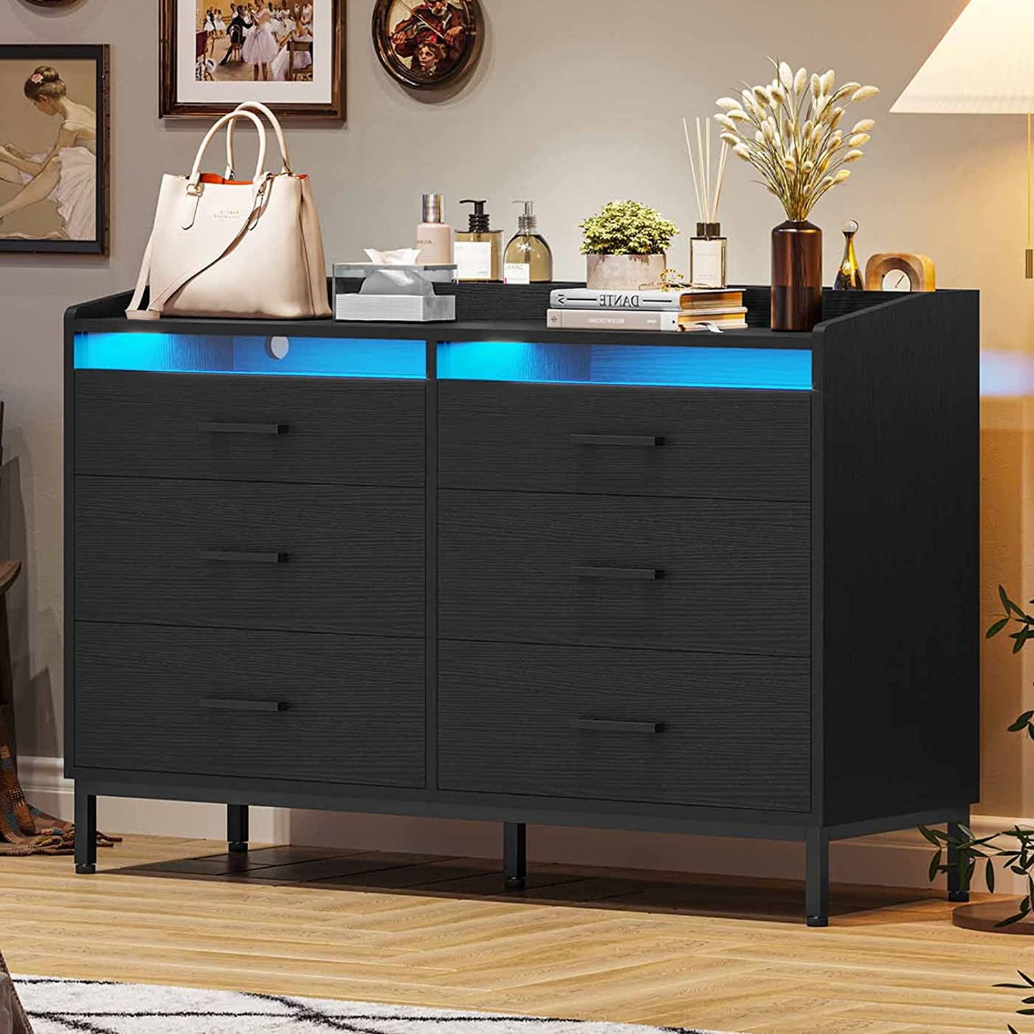 Black 6 Drawer Dresser, Modern Led Dresser with Handle for Bedroom