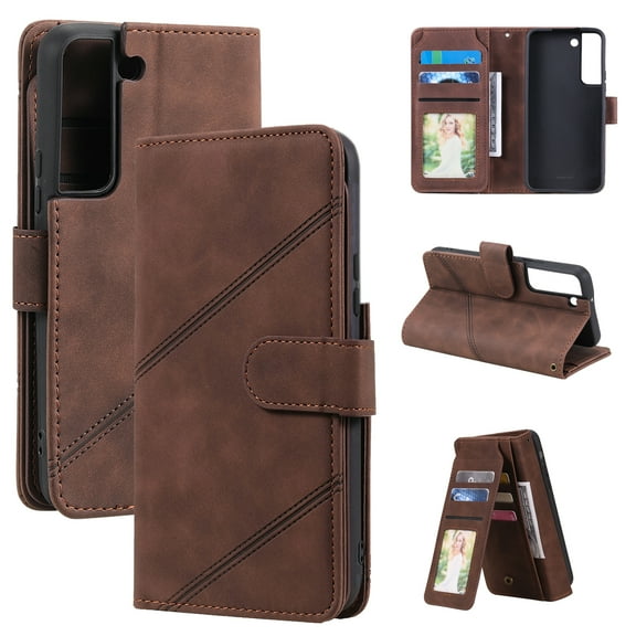 Allytech Luxury Wallet Case for Samsung Galaxy S24 Plus with Wrist Strap, [9 Card Slots] [1 Cash Pocket] Premium PU Leather   Soft TPU Shockproof Magnetic Clasp Kickstand Protective Case, Brown