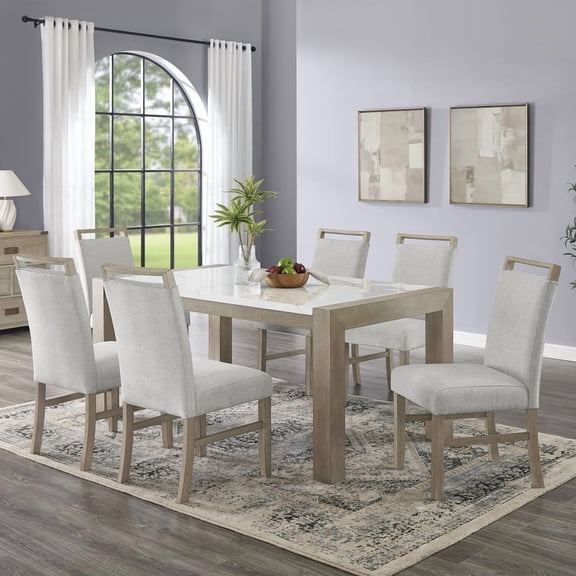 Dining Set, 7-Piece Rectangular 66-Inch Table with White Faux Marble Top and 6 Upholstered Light Gray Fabric Chairs, Light Oak Finish Acacia Wood Legs for Dining Room and Kitchen
