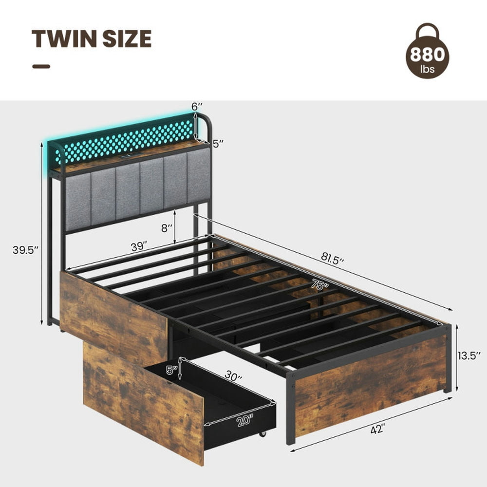 Resenkos Modern Bed,Frame Bed, Twin/Full/Queen Bed Frame with LED Lights Upholstered Headboard and 4 Storage Drawers-Twin size