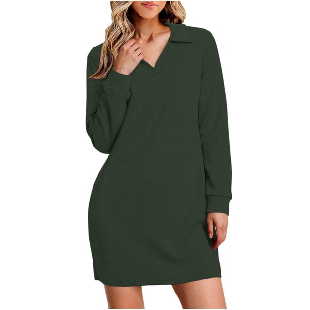 Lovzfmll Robe d'Automne pour Femmes, Couleur Unie, Col en V, Manches Longues, Style Sportif, Vert Armée, 2TG