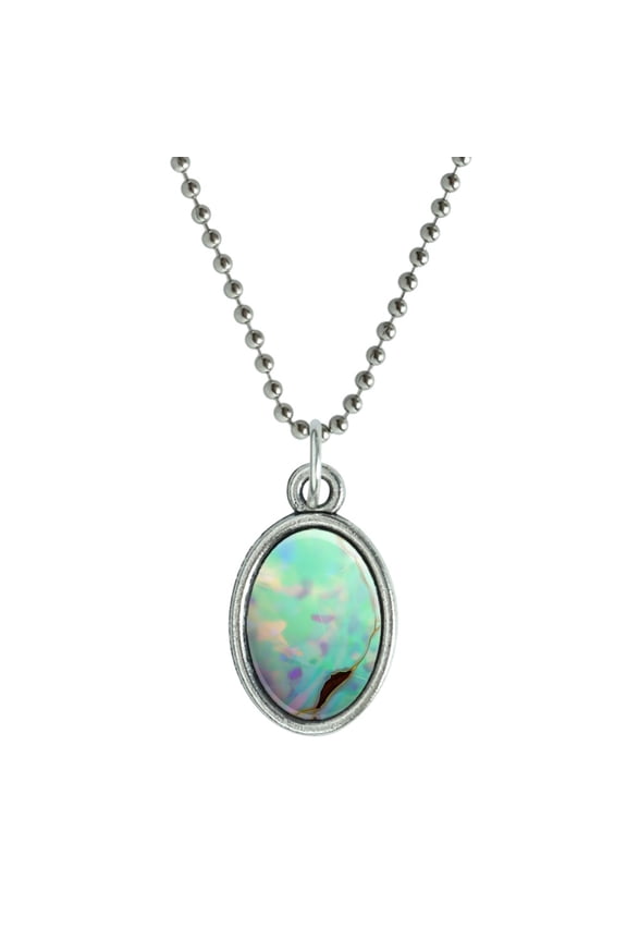 Opal Gemstone Picture (Image Only) Antiqued Oval Charm Pendant with Chain